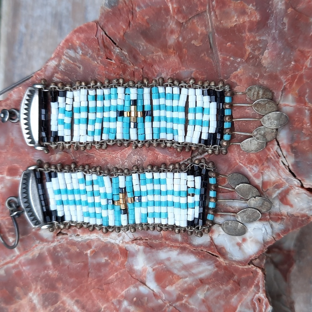 Handcrafted Beaded Dangle Earrings By Henredon. Multi-colored Beads W/Silver - Picture 2 of 3